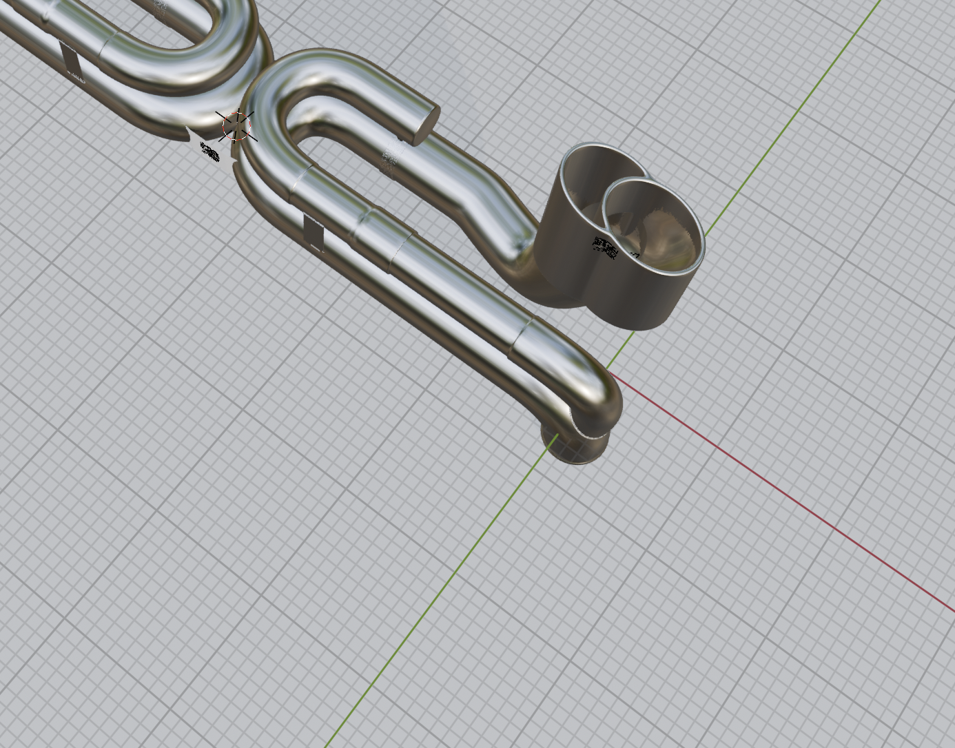 CAD detail of the rear muffler and dual tip packaging for the 996 Turbo exhaust