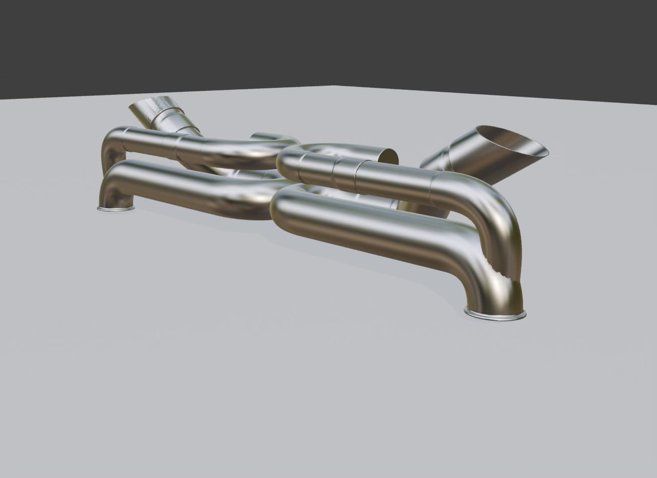 Early 3D render of the 996 Turbo exhaust concept showing pipe routing and tip angle