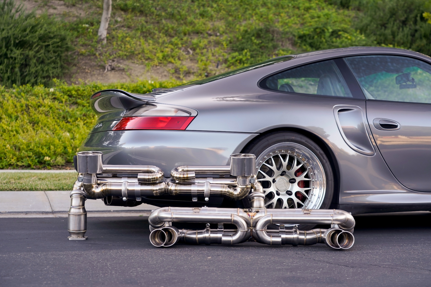 Meisterwerk Racing titanium X-pipe exhaust installed on a Porsche 996 Turbo