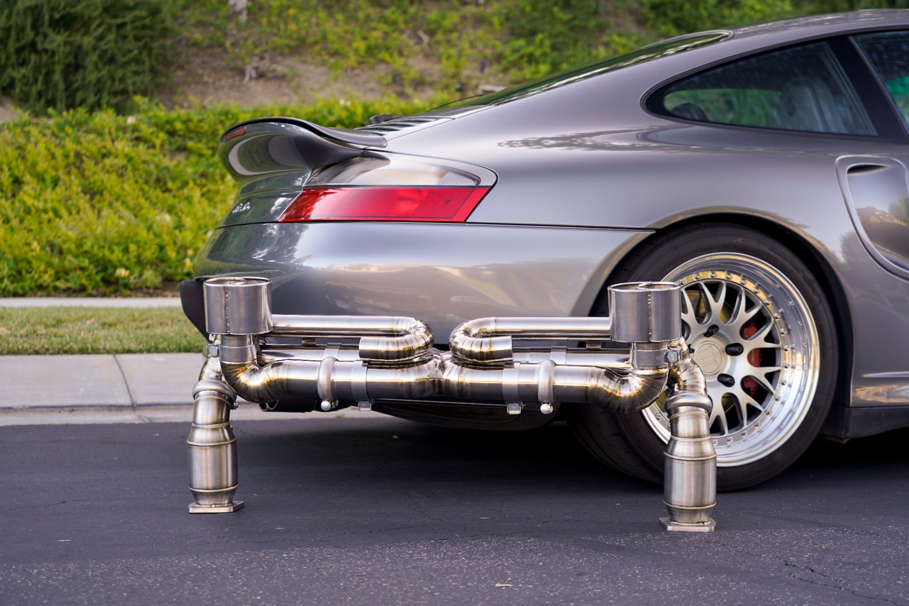 Titanium X-pipe exhaust installed under 996 Turbo with BBS wheels